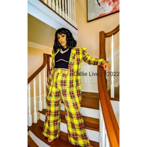 Callie Berry: Sunshine Yellow Puff Sleeve Plaid Oversized Palazzo Pant Medium - Picture 7 of 17